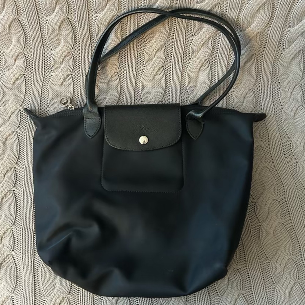 Longchamp Black Tote Bag with Textured Fabric and Flap Closure